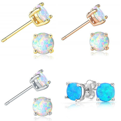 925 Sterling Silver Fire Snow Opal Gemstone Circle Stud Earrings Design 4 